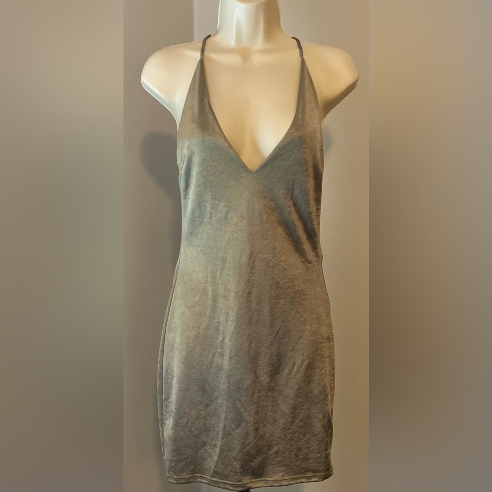 NWOT Akira Sage Green Silky Open Back Draped Mini Dress S